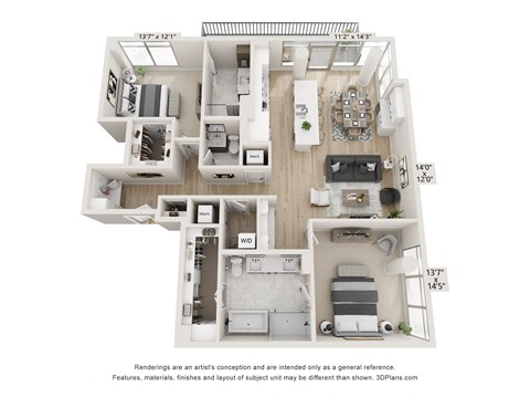 Floor plan for 2 beds, 2.5 baths, 1593 sqft